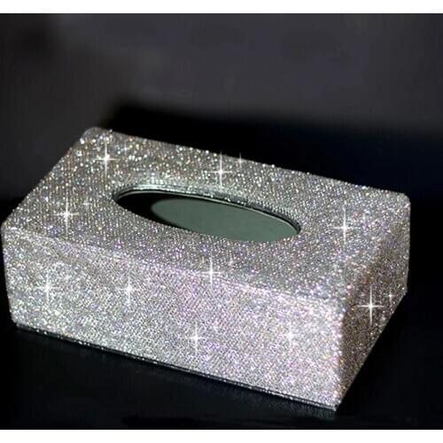 Tissue Box White Bright Shiny Rhinestone Crystal Rectangular Cover Case for Napkin Holder Block Type