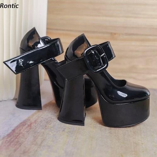 Rontic Women Platform Pumps Mary Janes Patent Leather Chunky Heels Round Toe Gorgeous Black Red Dress Shoes Women US Size 5-10.5