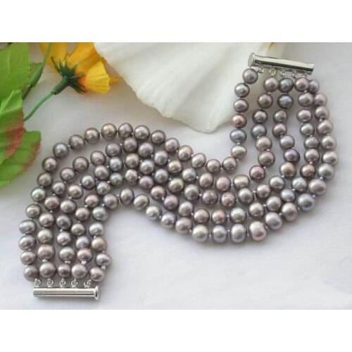 Unique Pearls jewellery Store 5row 8mm Lavender Round Freshwater Cultured Pearl Bracelet Fine Jewelry Women Gift