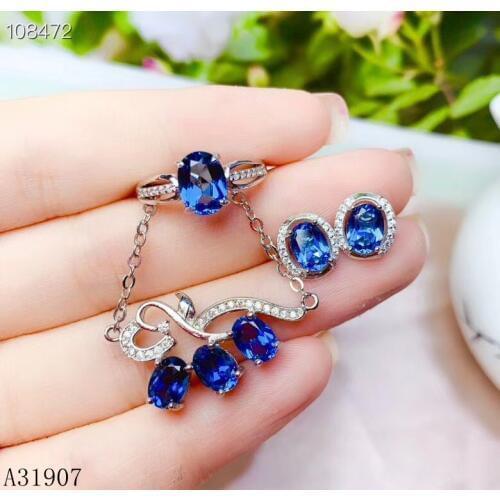 KJJEAXCMY Fine Jewelry 925 sterling silver inlaid natural blue topaz gemstone female pendant necklace ring earrings set support