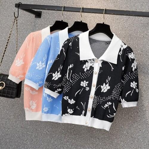 Knitted Short Sleeved Plus Size Spring Autumn Summer Vintage Clothes For Women Oversized T-Shirt Tops Blouses Vetement 2021