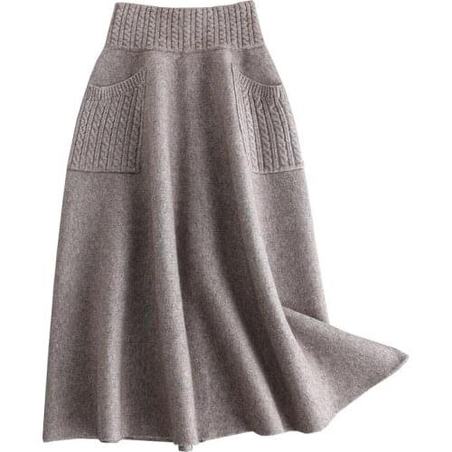2020 High Waist Women Winter Wool Knitting Long Skirts Faldas Jupe Femme Saia Vintage Women Black Skirt With Pocket