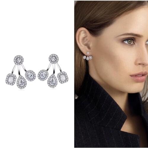 S925 Silver Color Square Stud Earrings Back Front Design With AAA Zircon for Women wedding party jewelry