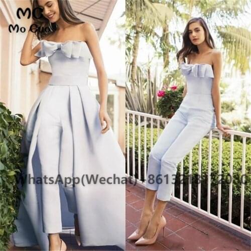 2021 Elegant Jumpsuit Prom Dresses Long Detachable Train Pants Bow Ruched Celebrity Dress Pleat Prom Dress for women Custom Made