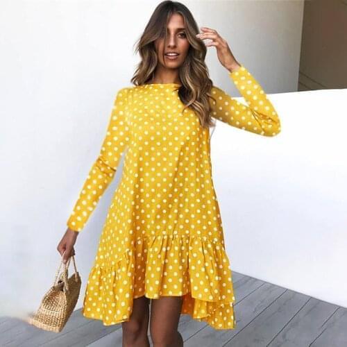 2021 Woman Summer Shirt Dress Fashion Loose Ruffle Dot Print Mini Short Dresses Casual Spring Long Sleeves Vintage Clothes Blue