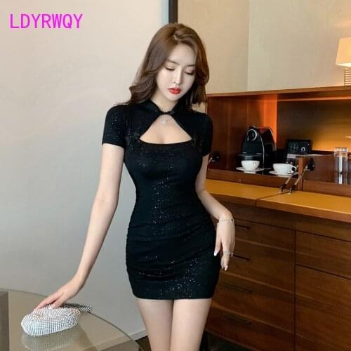 LDYRWQY 2021 summer new fashion socialite standing collar drape buttock wrap slim temperament sexy dress Office Lady