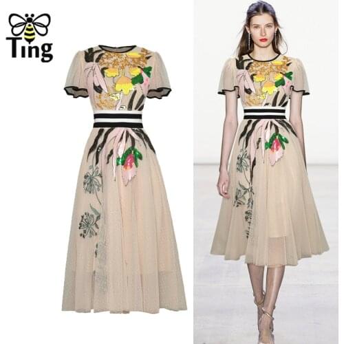Tingfly Luxury Embroidery Flower Ruffles Summer Women Dress Midi Long Party Mesh Sheer A Line Dress Vestidos Traf Elbise Eam