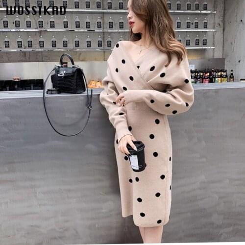 2019 Knitted Dress Autumn Winter Elegant Long Sleeve Thick Hot Dot Sexy Dress Women V Neck Thin Casual Sweater Dresses Robes
