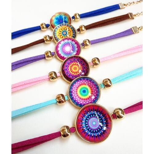 24pcs (6 color mixing) Plated Gold Silver Bandanna Paisley India style bracelets Mandala Flower Glass hand chain for Girls