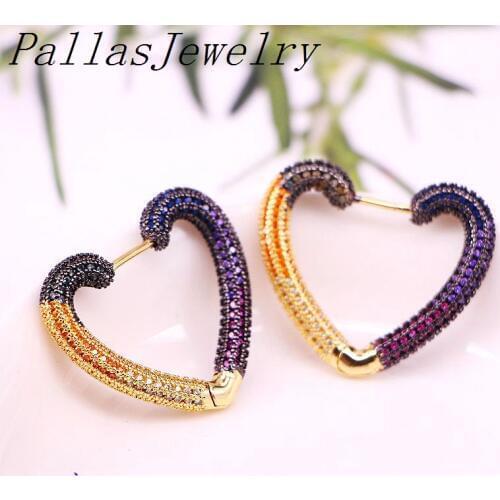 3Pairs, Trendy Jewelry for Women Rainbow CZ HEART Charm Hoop Earrings Gold Color Wedding Party Gifts