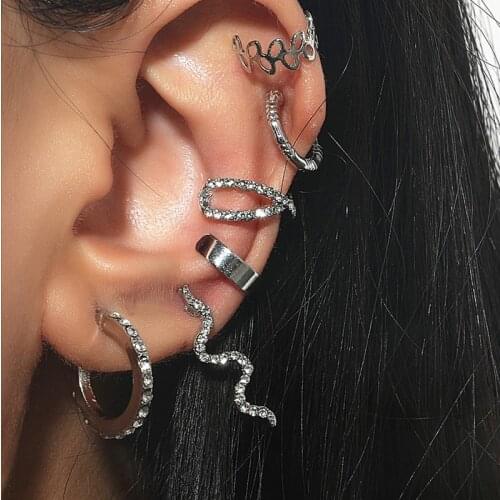 6-piece Set Exaggerated Snake-shaped Earrings for Women Retro Zircon Holeless Ear Clip Punk Earrings Nightclub Accessories