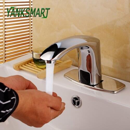 YANKSMART Chrome Polished Sink Bathroom Automatic Faucet Deck Mounted Cold And Hot Mixer Tap Touch-Free Infrared Basin Tap