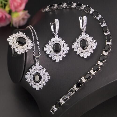 Shiny CZ Black Cubic Zircon Silver Color Jewelry For Women Earrings Ring Necklace Set For Women Luxury Wedding Jewelry
