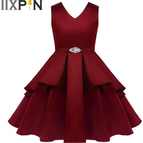 Kids Dresses Princess Costume Overlays V Neck Satin Flower Girl Dress Wedding Party Easter First Communion Dress for Girls