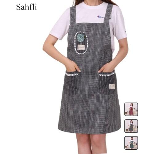 Modern Simplicity Cotton Home Kitchen Antifouling Double Shoulder Strap Flowers Leaves Checkered Sleeveless Apron Double Pockets