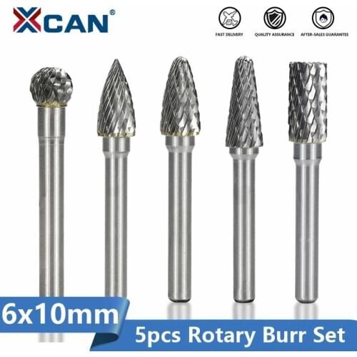 XCAN Tungsten Carbide Burr File 5pcs 6x10mm B D G L F Type Carbide Rotary Milling Cutter for Dremel Rotary Tools