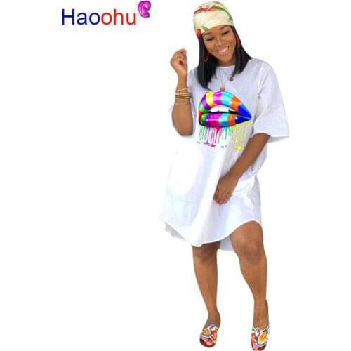 HAOOHU women summer colorful mouth print o-neck knee length midi loose dress vintage fashion bodycon vestidos dresses