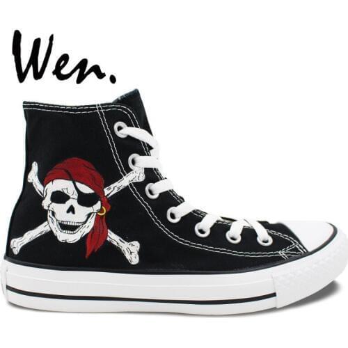 Wen Canvas Athletic Shoes High Top Pirates Skull Hand Painted Shoes Design Custom Unisex Play Sports Sneakers Platform Plimsolls