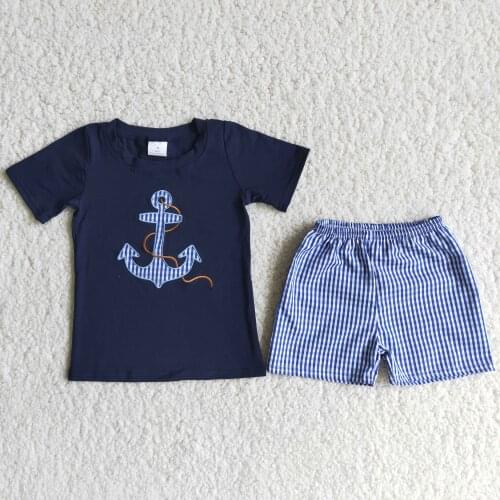 Well-made Boy Summer Suit Navy Blue Cotton Shirt Embroidered Anchor Pattern Woven Shorts