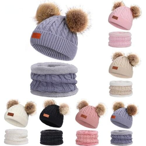 Two pieces Hat Scarf Set Beanie Cap Childrens Hats Girls Caps Fake Ball Keep Warm Winter Knitted Skullies Kids Bone