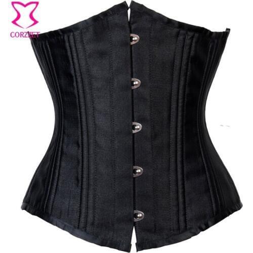 Corzzet Black Satin Womens 26 Steel Boned Underbust Corsets And Bustiers Waist Cincher Body Shaper Control Steampunk Corselet