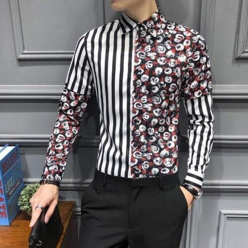LT123*2019 Fashion Stitching Mens Trendy Long Sleeve Flower Shirt Youth Flower Shirt Stripe P50