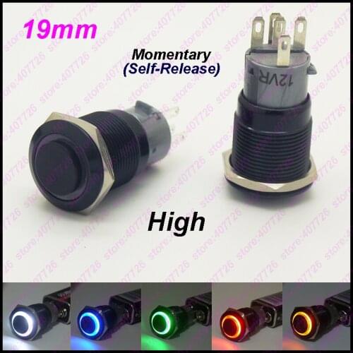 1PC 19MM Blacklight Metal Switch Glowing Ring Push Button 5Pin With LED 12V/24V Auto-Released Not Fixed High head For Dashboard