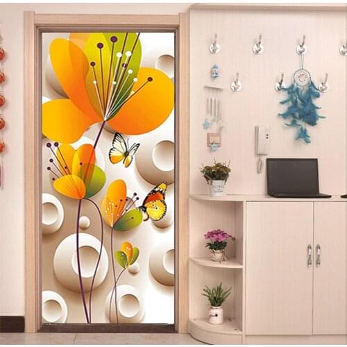 New Door Stickers Yellow Flower Wall Stickers Imitation 3D Bedroom Bathroom Glass Renovation Entrance Stickers Custom