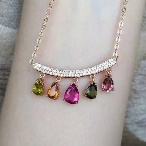 Natural multicolor tourmaline necklace natural gemstone pendant necklace S925 silver Elegant Smiling face girl gift jewelery