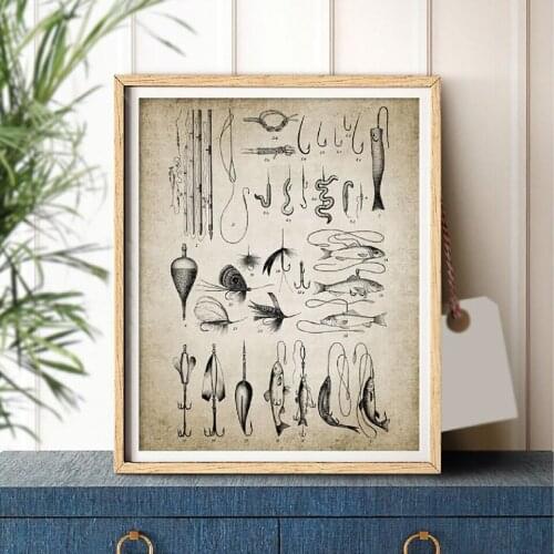 Print HD Poster Nordic Retro Fishing Gear Rod Hook Bait Picture Wall Art Canvas Angler Gift Decoration