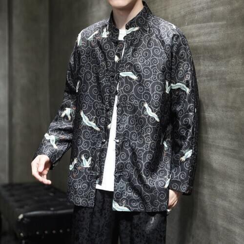 Chinese Traditional Retro Coat Man Autmn Print Tang Suit Mandarin Collar Jacket Oriental Asian Streetwear Kung Fu Shirt KK3366