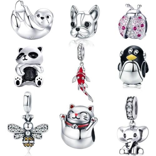 WOSTU Hot Sale Panda Bees Lucky Goldfish Animal Alloy Charms Beads Fit Original DIY Bracelet For Women Fashion Jewelry Gift