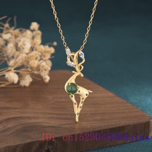 Green Jade Sika deer Pendant 925 Silver Chalcedony Natural Charm Gemstone Zircon Women Chinese Jewelry Gifts Fashion Necklace