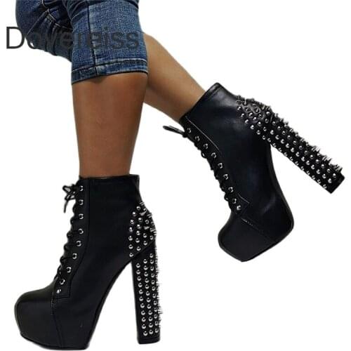 Winter Woman New Fashion Sexy Consice Shoes Zipper Rivets Cross Tied Waterproof Chunky Heels Round toe Ankle Boots 47