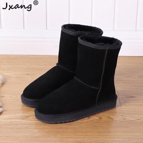 JXANG 2020 NEW classic fashion Winter Snow Boots for Women Cowhide Suede Leather Mid-calf Slip on Shearling womens Boots