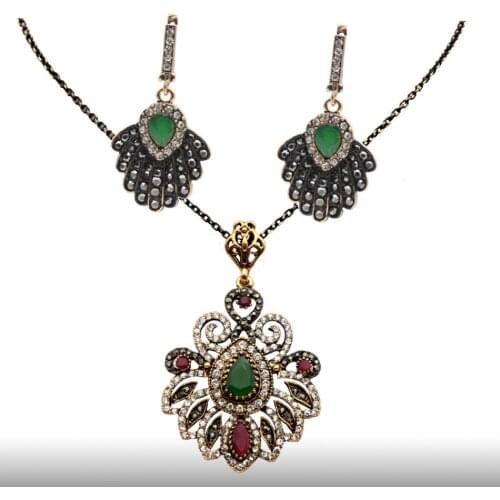 Vintage Turkish Women Palm Leaf Resin Hook Earring Necklace Jewelry Sets Antique Gold Color Arabesque Bride Pendant Necklace