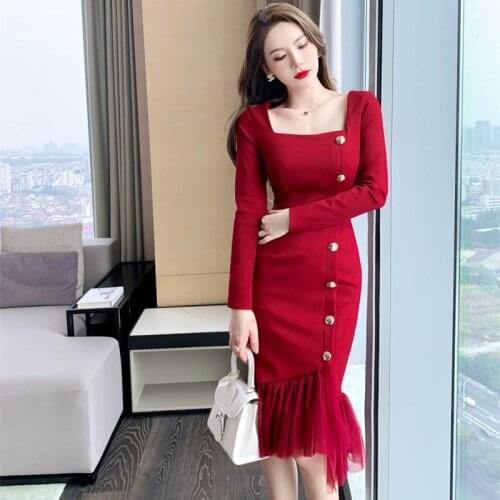 2021 Women Long Sleeve Mesh Patchwork Singer Breasted Sexy Dress Woman Sheer Dress Elegant Spring Winter Casual Elegant Dress