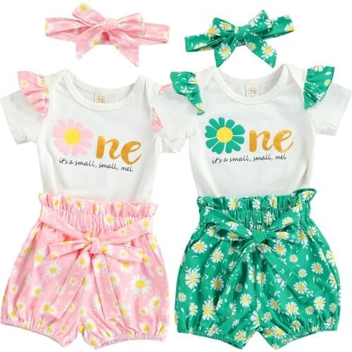 Three Piece Baby Girls Clothes Sweet Letter Short Sleeve Romper and Little Daisy Short Pants with Headband Suits