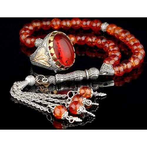 Arcylic Rosary and 925 Sterling Silver Rings Ottoman Style Mens Jewelry Set