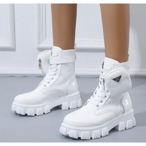 White Platform Boots Fashion Leather Martin Boots Women Shoes Thick Heel Belt Buckle Pocket Luxury Brand Motorcycle Boots Winter