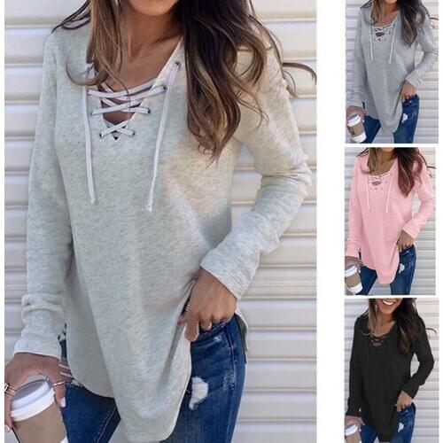 Long Sleeve Basic T shirts Women Deep V-Neck Bandage Lace Up Tops Sexy Tees Female Spring Autumn Fashion tshirts clothing women