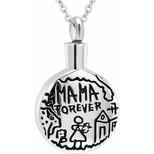 IJD9185 Stainless Steel Memorial Round Ashes Necklace Urn Holder Cremation Keepsake Pendant Funeral Locket with ' MAMA FOREVER