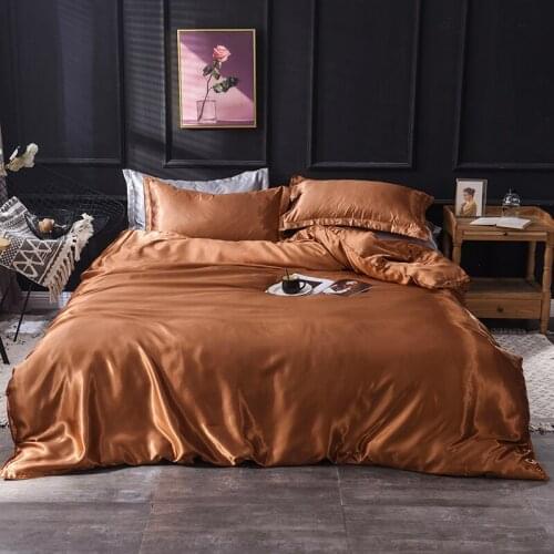 Coffee Satin Ice Silk Bedding Set Luxury Duvet Cover Bed Sheet Pillowcase Twin Full Queen King Bedclothes Solid Color Bed Set