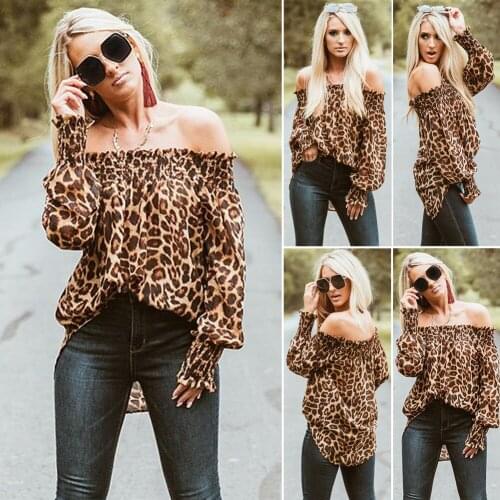 Women Lady Fashion Off Shoulder Leopard Printed Casual Fashion Long Sleeve Loose Tops Blouse For Daily Wear