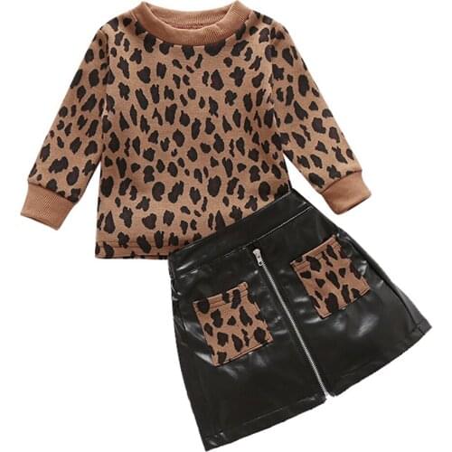 Fashion Kids Baby Girl Leopard Outfits Autumn Two Pieces Sets Long Sleeve Sweatshirts PU Leather Skirts with Pockets Girl 1-5Y