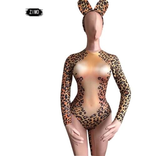 New Female Singer DS Performance Sexy Leopard Print DJ Rhinestone Bodysuit Jazz Dance Costumes with tail Stage outfits cosplay