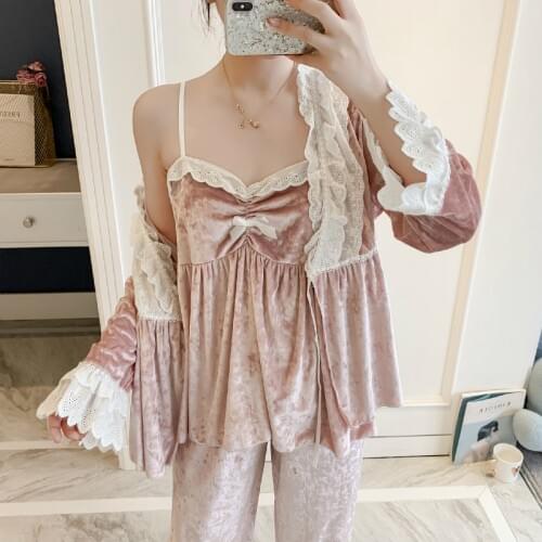 Sleepwear Winter Autumn Clothes Women Long Sleeve Pajamas 3 Pcs Set 5 color