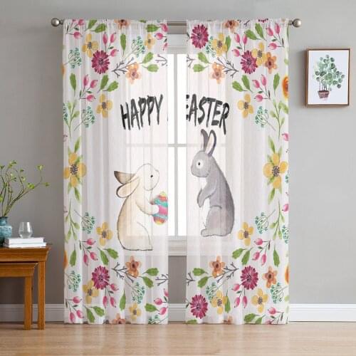 Easter DayS Flower Easter Bunny Tulle Sheer Window Curtains for Living Room Kitchen Children Bedroom Voile Hanging Curtain