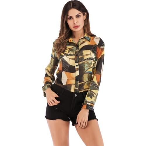 Fall 2020 Womens Tops Blouse Elegant Long Sleeve Print Lapel Collar Chiffon Top Womens Casual Wear Shirt Office Lady