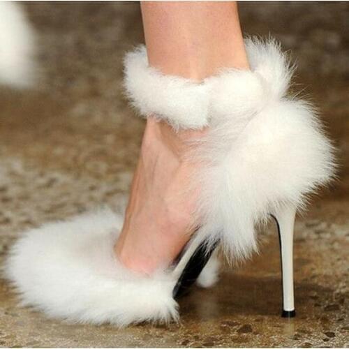 2019 Summer Top New Brand Woman Solid White Color Sheep Fur Elastic Band Pointed Toe Stiletto Heels Sexy Party Fashion Pumps